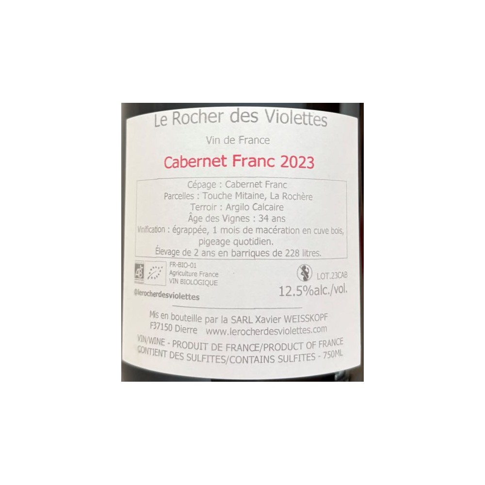 Le Rocher des Violettes Touraine "cabernet franc" red 2023 back label