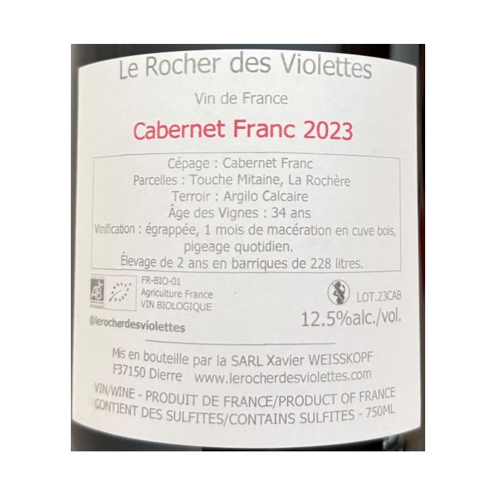 Le Rocher des Violettes Touraine "cabernet franc" red 2023 back label