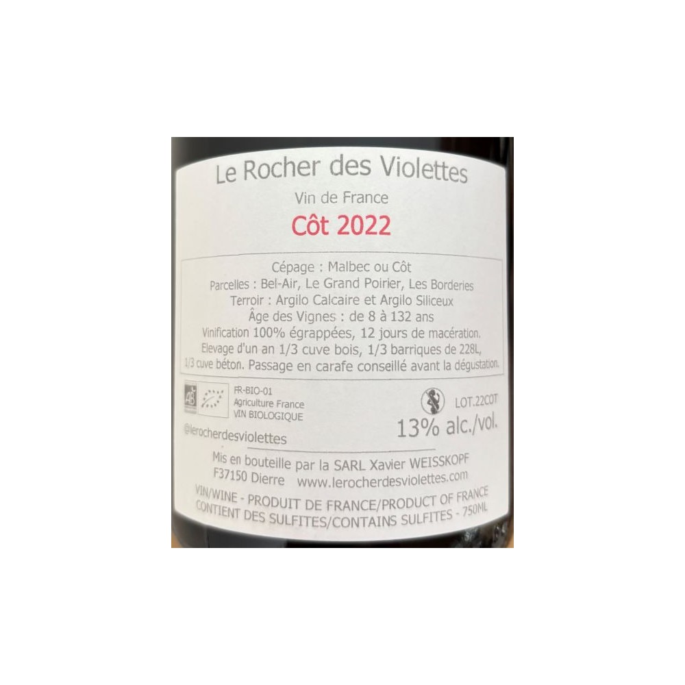 Le Rocher des Violettes Touraine "cot vieilles vignes" red 2022 back label