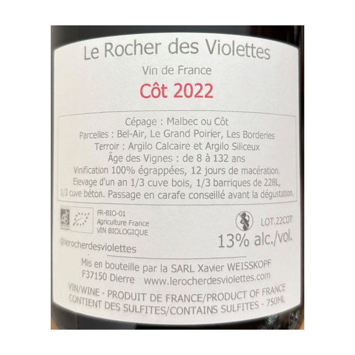 Le Rocher des Violettes Touraine "cot vieilles vignes" red 2022 back label