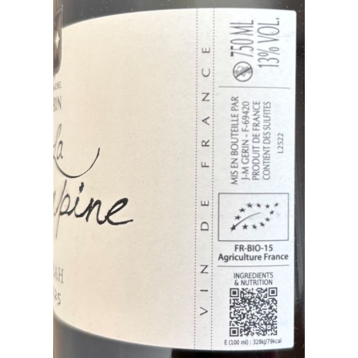 Domaine Jean-Michel Gerin "La Champine" (syrah) rouge 2025 contre étiquette