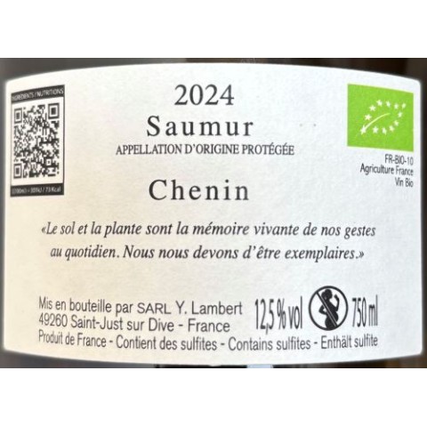 Domaine Arnaud Lambert Saumur (Brézé) "Midi" dry white 2024 bottle 2