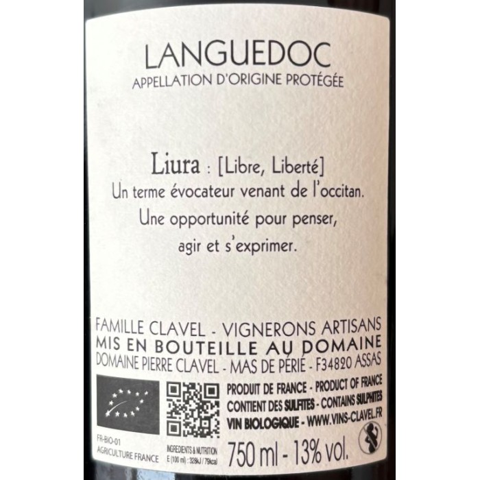 Domaine Clavel "Liura" bio rouge 2023 contre etiquette