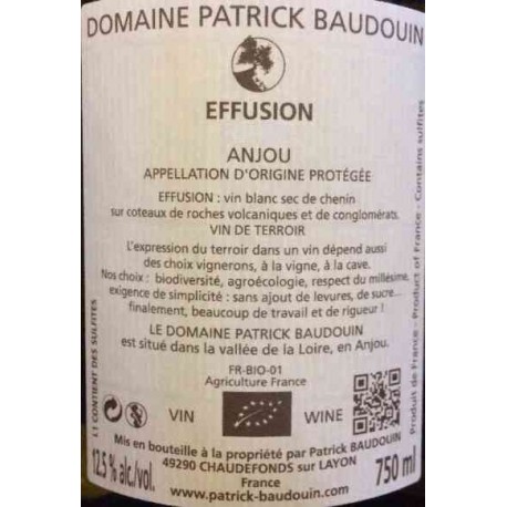 Domaine Patrick Baudouin "Effusion" blanc sec 2015 contre etiquette