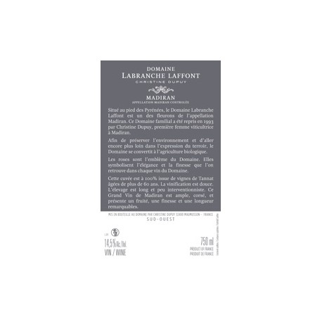 Domaine Labranche Laffont Madiran "Vieilles Vignes" rouge 2014 contre-etiquette