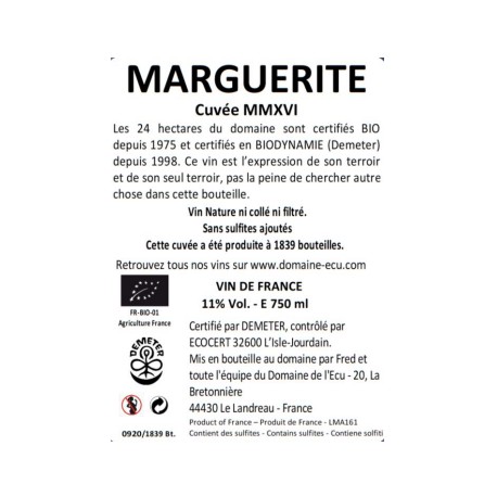 Domaine de l'Ecu  "Marguerite" dry white 2016