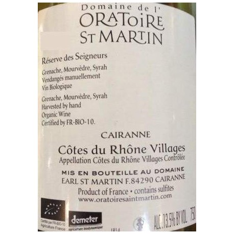 Domaine de l'Oratoire Saint-Martin "Réserve des Seigneurs" rouge 2014