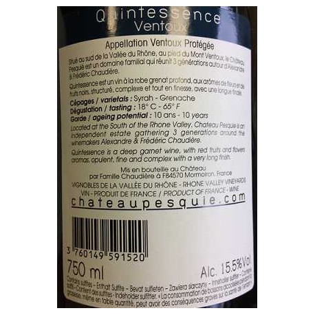 Chateau Pesquie Ventoux "Quintessence" rouge 2015 contre etiquette