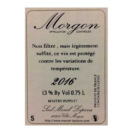 Morgon 2016 de Marcel Lapierre (contre etiquette)