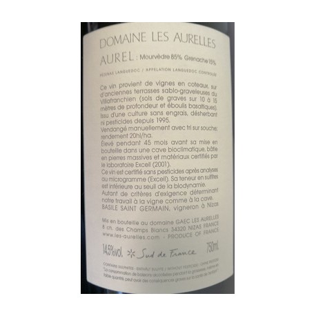 Domaine Les Aurelles Aurel rouge 2012 contre etiquette