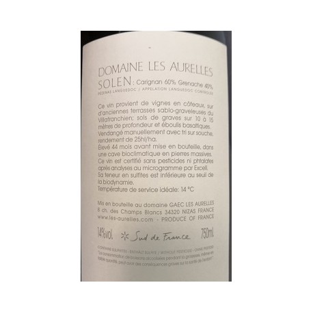 Domaine Les Aurelles Solen 2013 contre etiquette