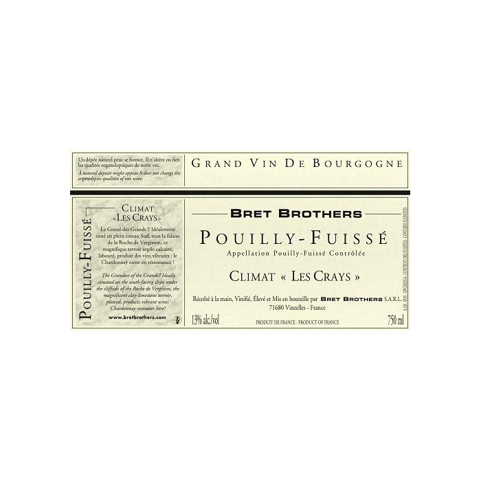 Bret Brothers Pouilly-Fuissé "Les Crays" blanc sec 2016 etiquette