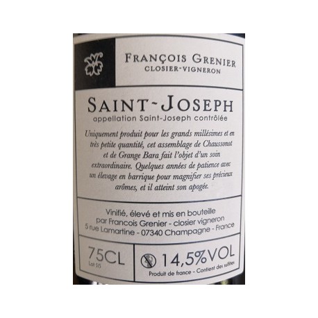 Domaine Francois Grenier Saint Joseph "Signature" rouge 2015 contre etiquette