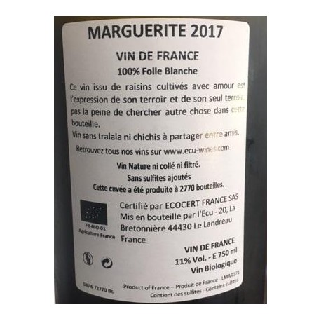 Domaine de l'Ecu "Marguerite" blanc sec 2017 contre etiquette