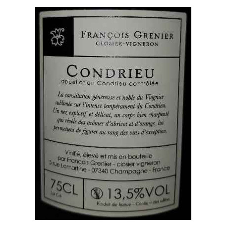 Domaine François Grenier Condrieu "Signature" blanc 2016 contre etiquette