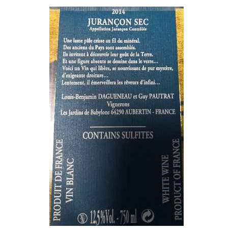 Domaine Didier Dagueneau Jurançon "Les Jardins de Babylone" blanc moelleux 2014 contre etiquette