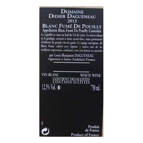 Domaine Didier Dagueneau Pouilly Fumé "Fumé de Pouilly" blanc sec 2013 contre etiquette