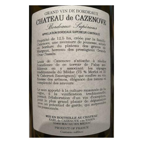 Chateau de Cazenove Bordeaux Supérieur rouge 2015 contre etiquette