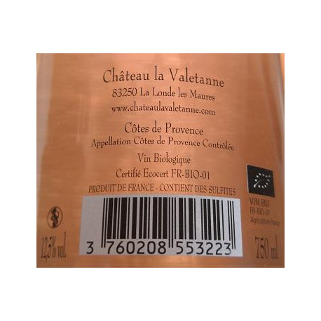Château La Valetanne Cotes de Provence Vieilles vignes rose 2018 contre etiquette