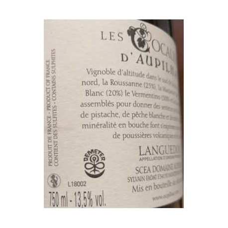 Domaine d'Aupilhac AOP Languedoc "Les Cocalières" blanc 2018 contre etiquette gauche
