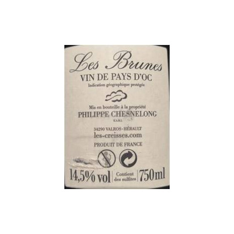 Domaine des Creisses "Les Brunes" rouge 2017 contre etiquette