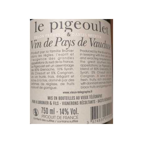 Le Pigeoulet des Brunier 2017 contre etiquette