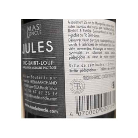 Mas de l'Oncle Languedoc Pic Saint-Loup "Cuvée Jules" 2017 contre etiquette