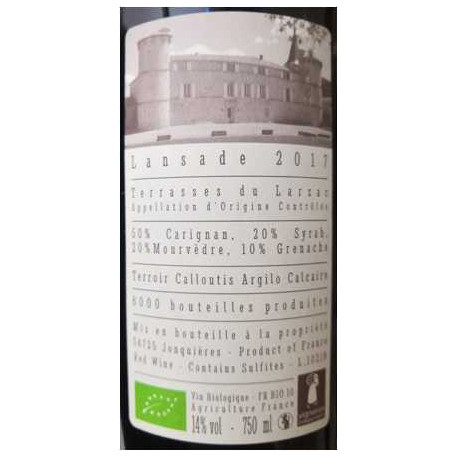 Château de Jonquières Terrasses du Larzac "Lansade" rouge 2017 contre etiquette