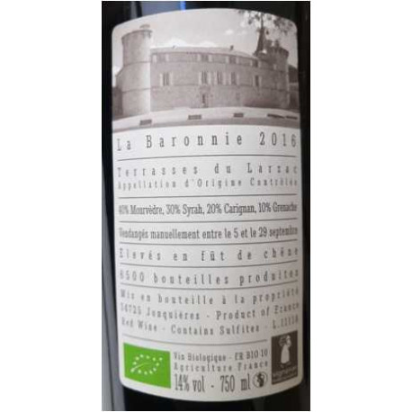 Château de Jonquières Terrasses du Larzac "La Baronnie" rouge 2016 contre etiquette
