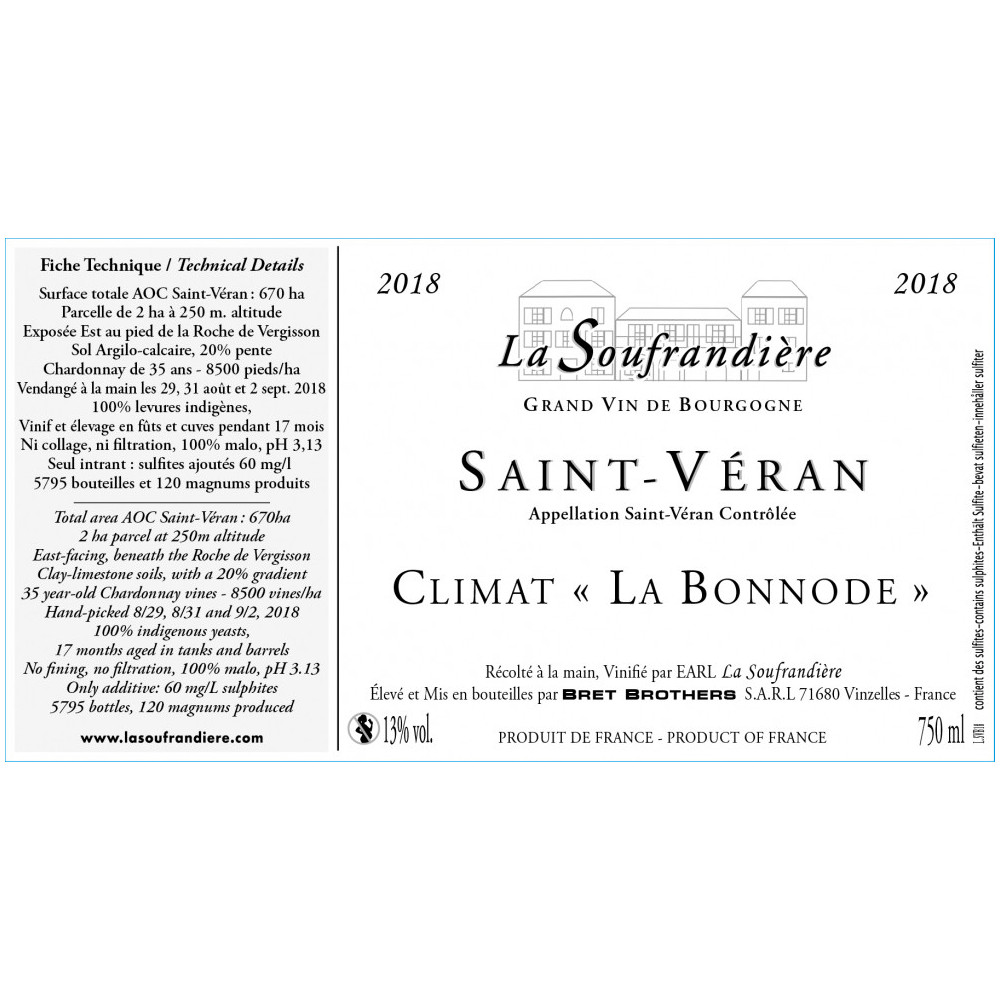 Bret Brothers La Soufrandière Saint-Véran "La Bonnode" blanc sec 2018 etiquette
