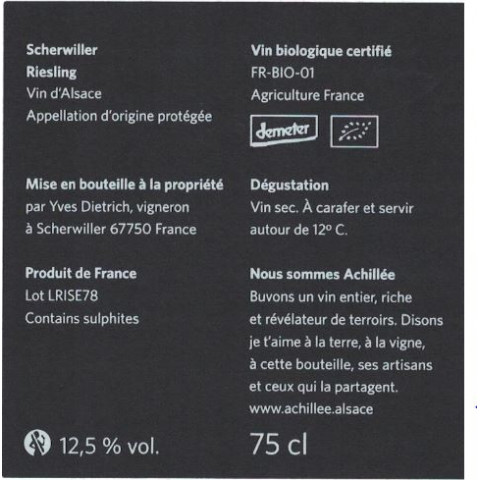 Domaine Achillée Riesling "Scherwiller" dry white 2017/18
