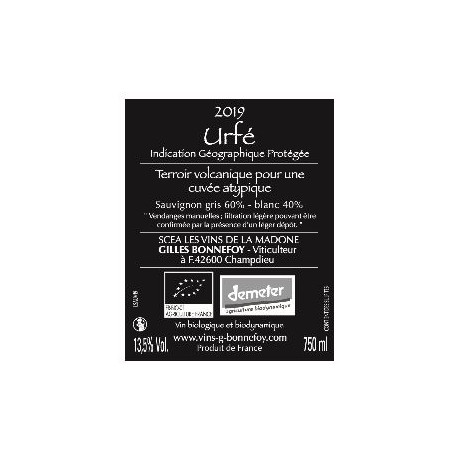 Les Vins de la Madone IGP Urfé "sauvignon gris et blanc" blanc sec 2019 contre etiquette