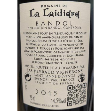 Domaine de La Laidière Bandol rouge 2015 contre etiquette
