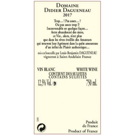 Domaine Didier Dagueneau "Blanc Fumé " blanc sec 2017 contre etiquette
