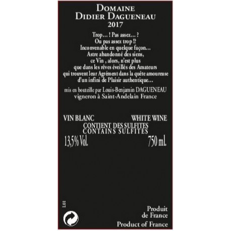 Domaine Didier Dagueneau Pouilly Fume Silex 2017 contre etiquette