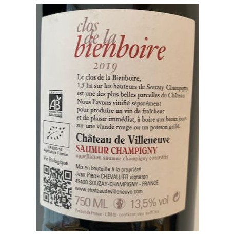 Château de Villeneuve Saumur-Champigny "Clos de la Bienboire" rouge 2019 contre etiquette