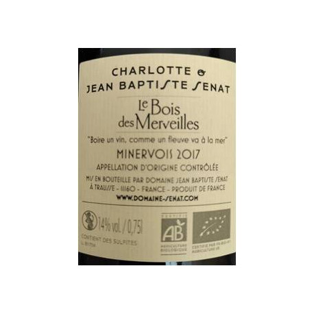 Domaine J-B. Sénat Minervois "Le Bois des Merveilles" rouge 2017 contre