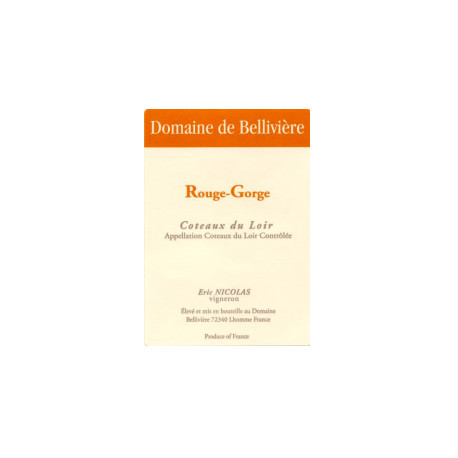 Domaine de Bellivière Coteaux du Loir "Rouge-Gorge" rouge 2018 etiquette